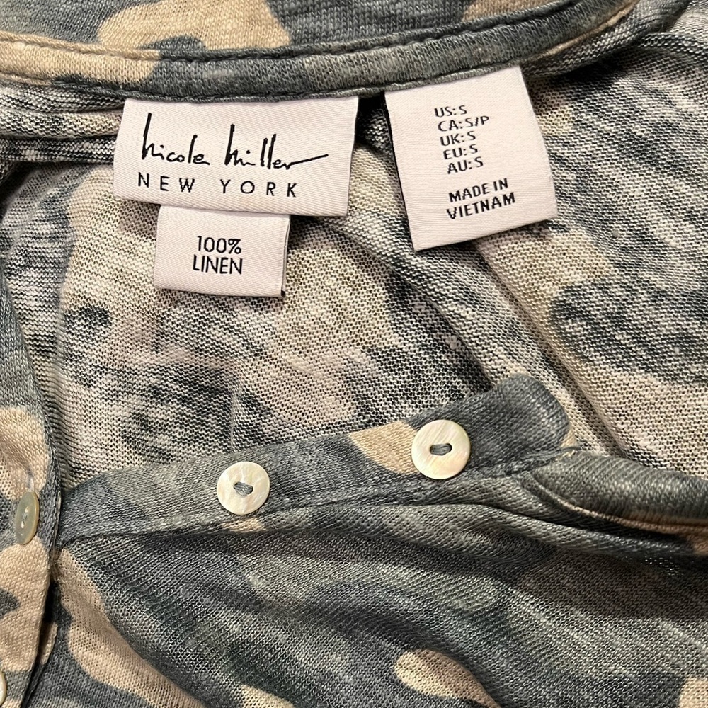 Nicole Miller Camo 3/4 Sleeve 100% Linen Shirt Sz S - Picture 3 of 5
